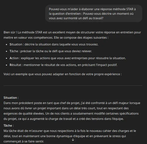 ChatGPT : Exemple de méthode STAR.